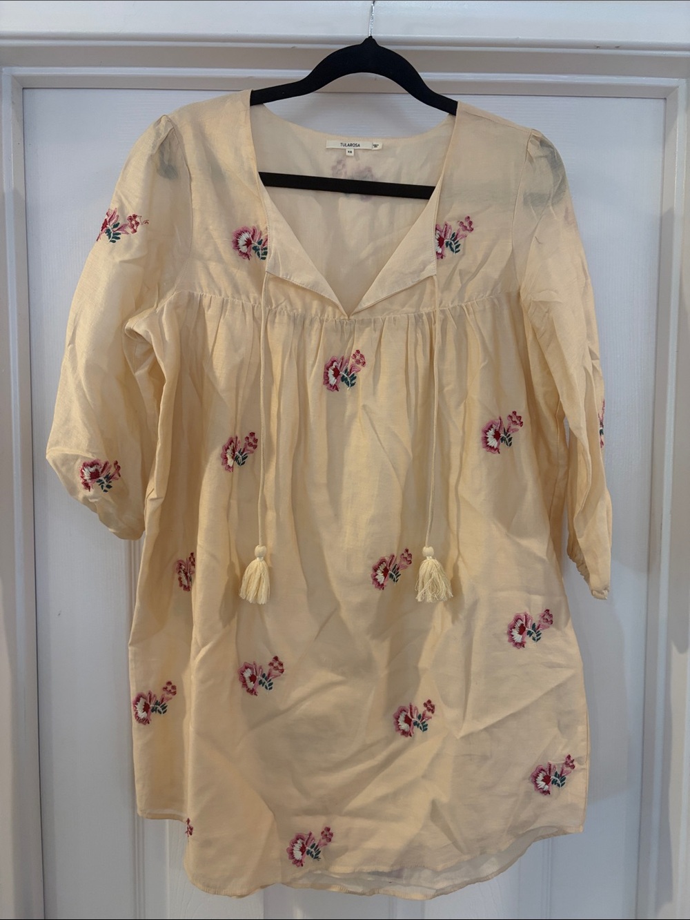 Tularosa Cream Embroidered Tassel Peasant Mini Dress